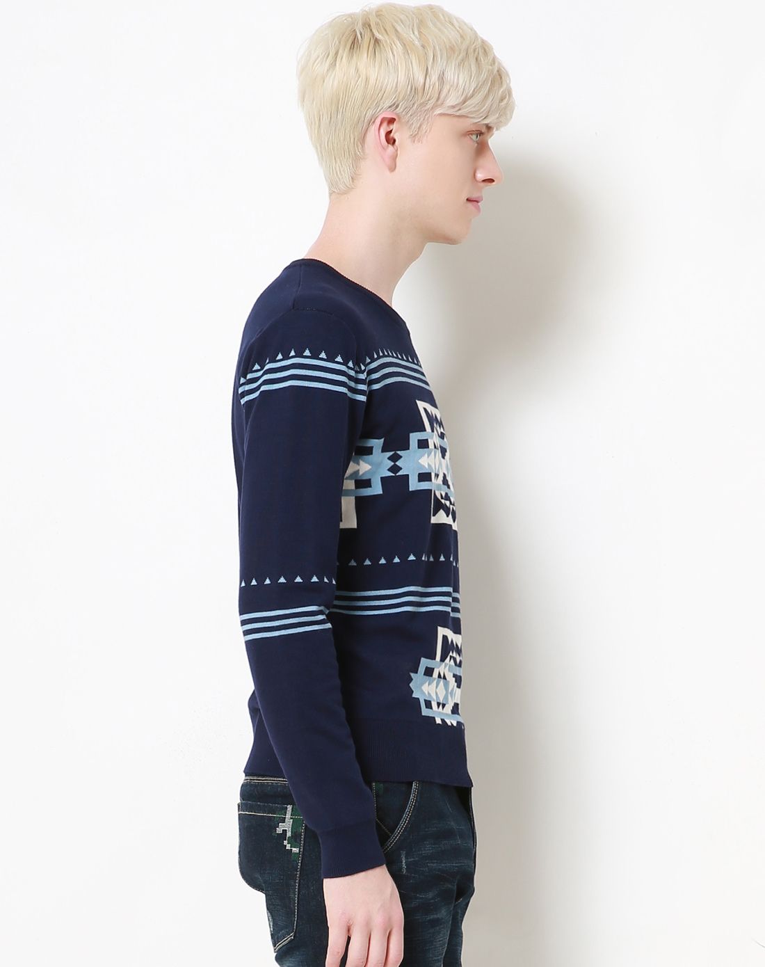 三福时尚男女装男款黛蓝花版圆领毛衣350127黛蓝_唯品会