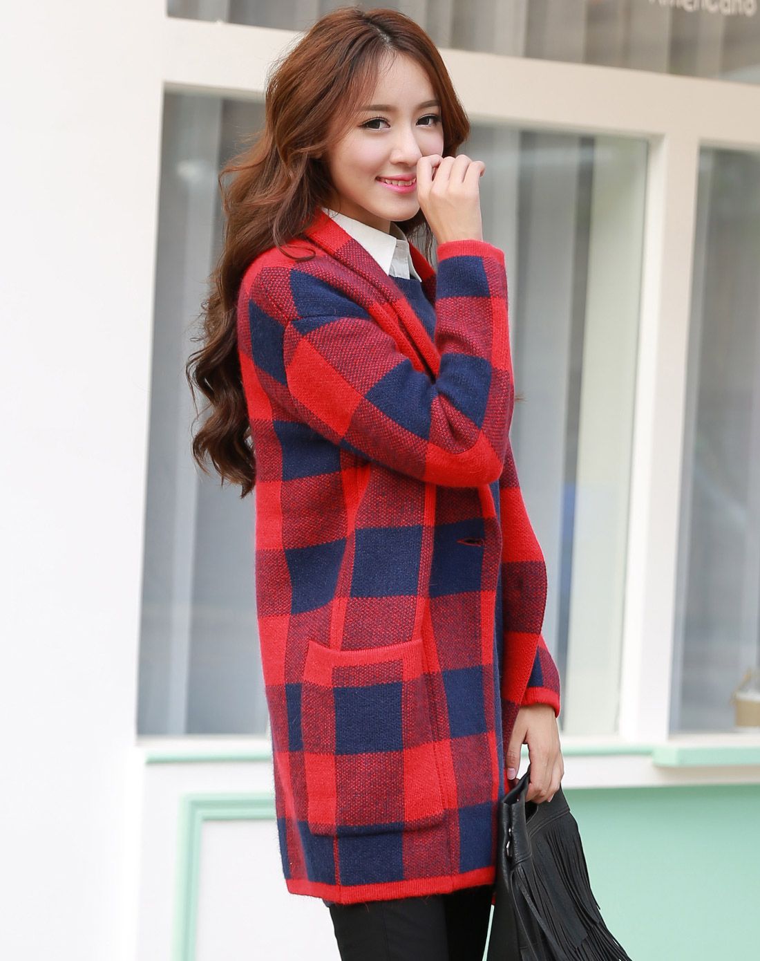女款红蓝格街头潮人格子外套
