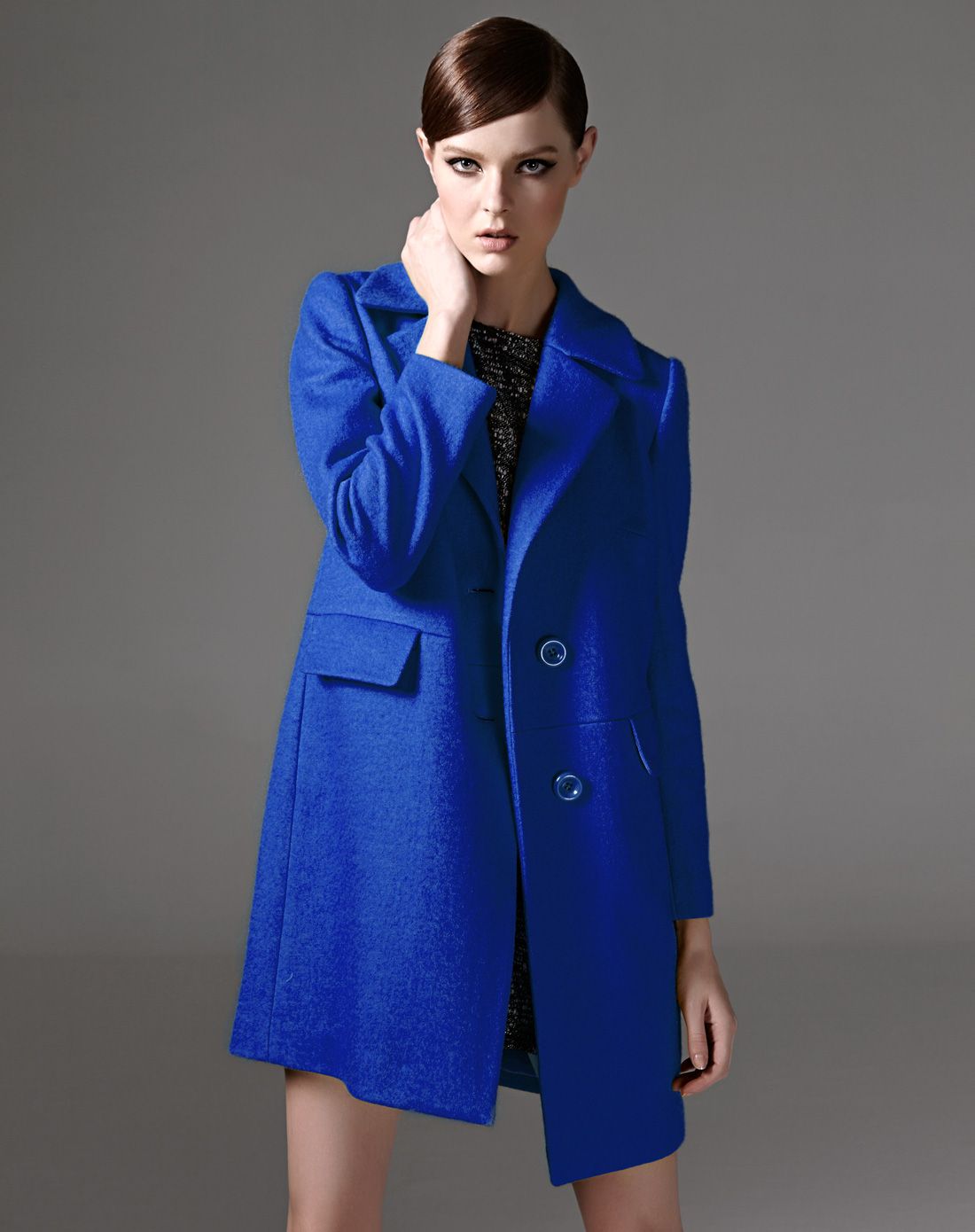 孔雀蓝高贵简洁斯文中长款长袖大衣