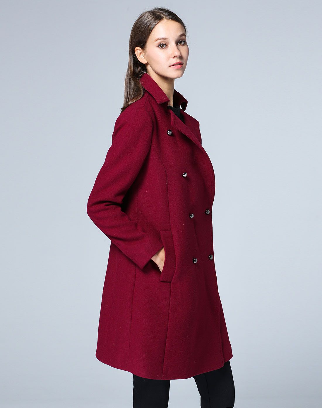 > 石榴红西装款双排扣毛呢大衣