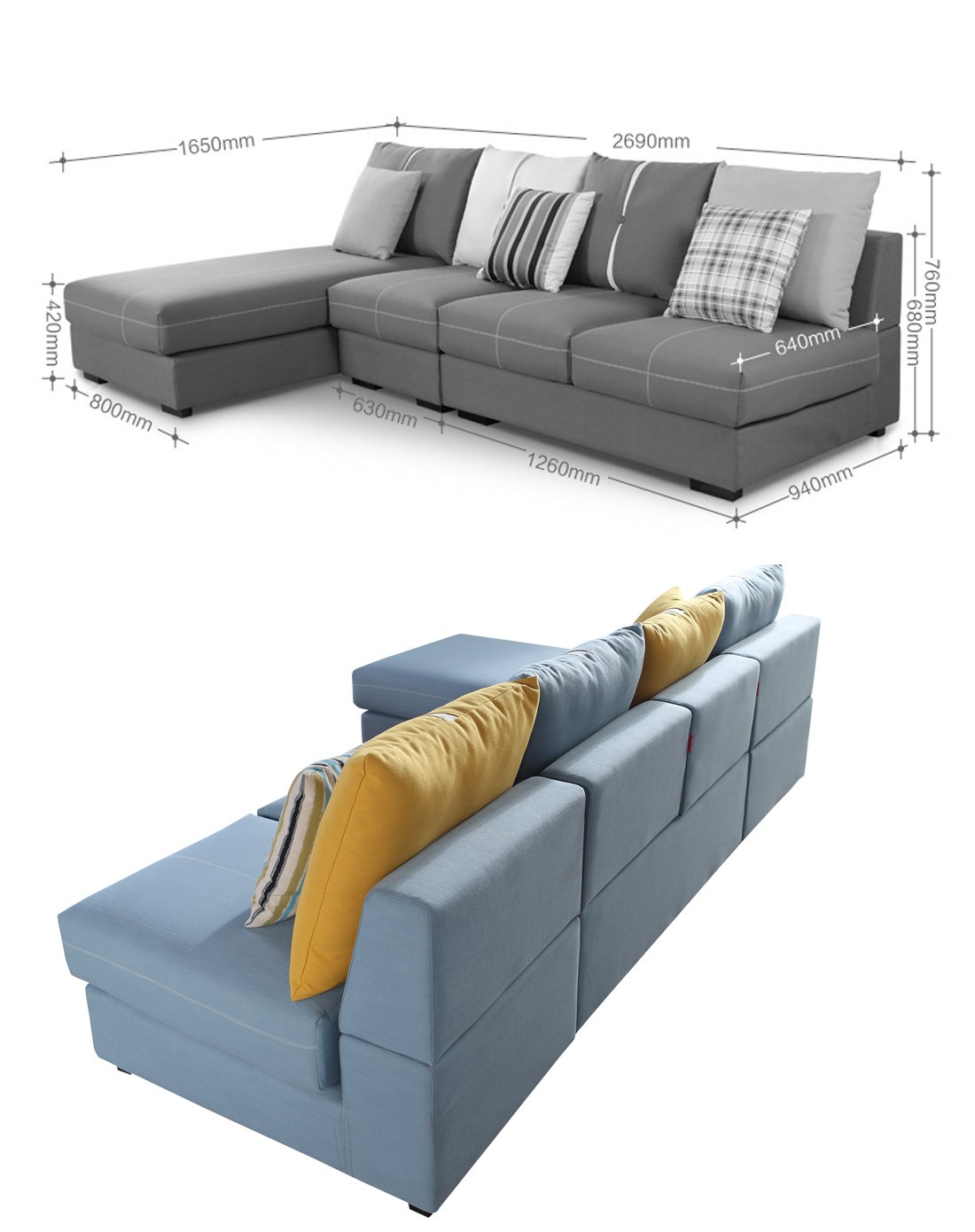 现代简约布艺沙发蓝色3位 妃位不带扶手