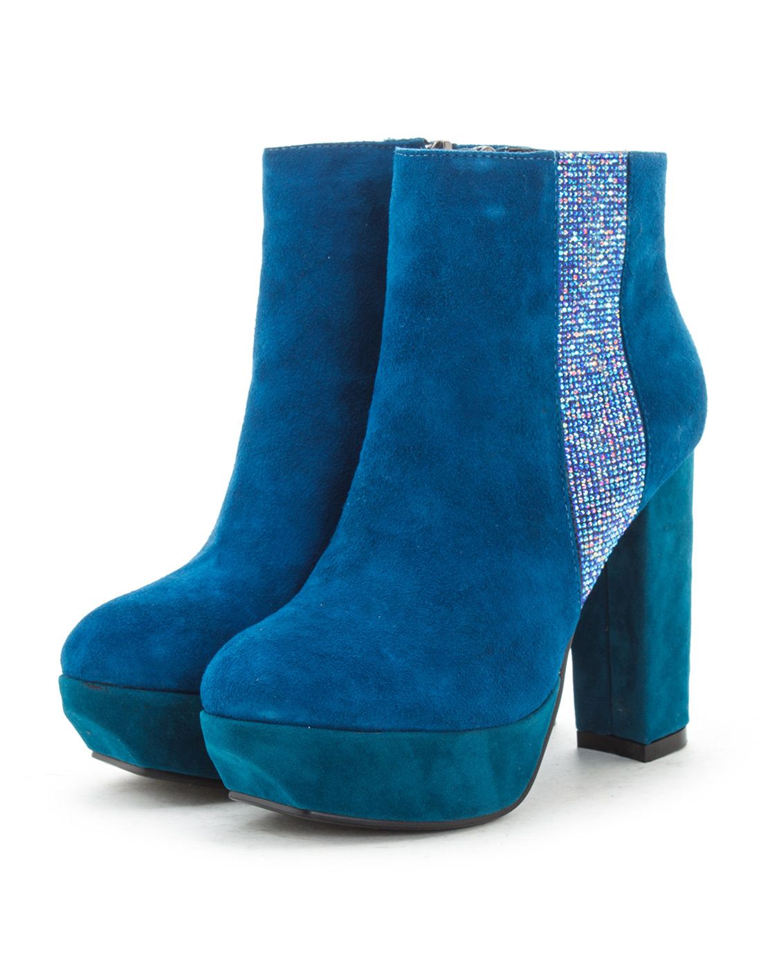 蓝色羊绒拉链粗跟短靴