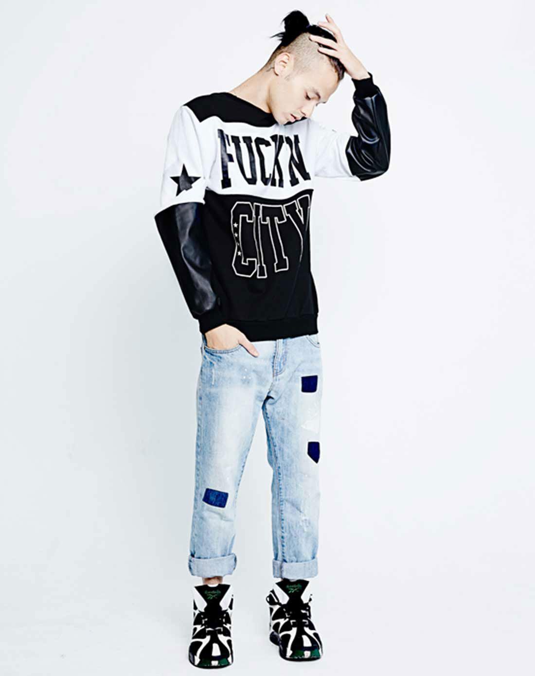 廖人帅潮牌 fuck city 圆领长袖皮袖拼接设计拼色休闲卫衣t恤