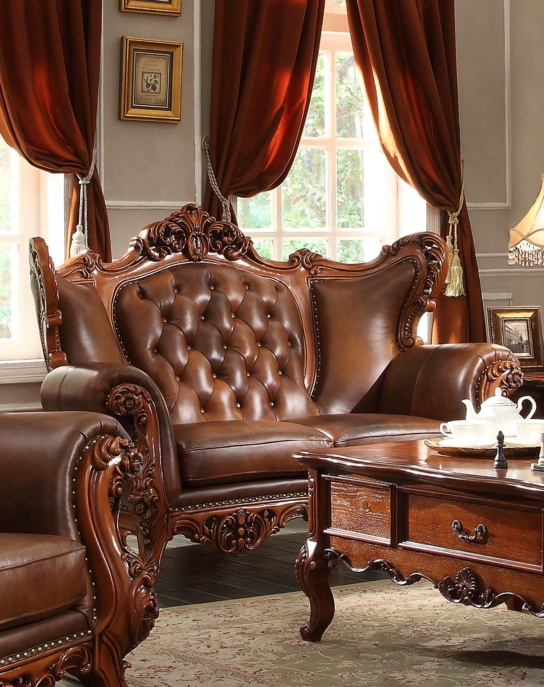 美式实木雕花复古沙发 双人位