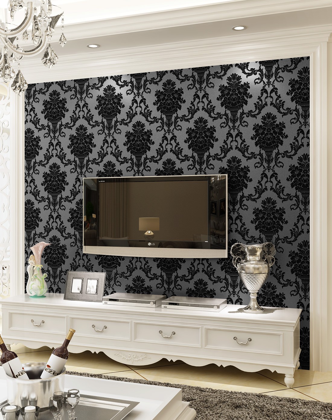 黑色欧式3d立体天鹅绒无纺布壁纸