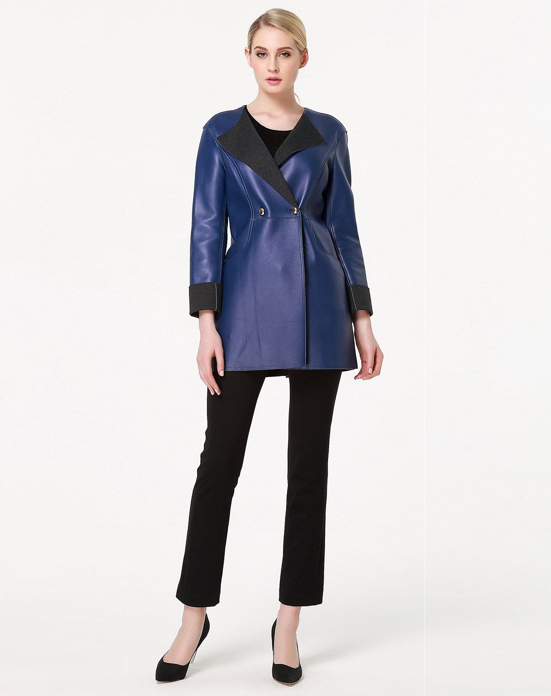 群青色气质淑女真皮长袖风衣