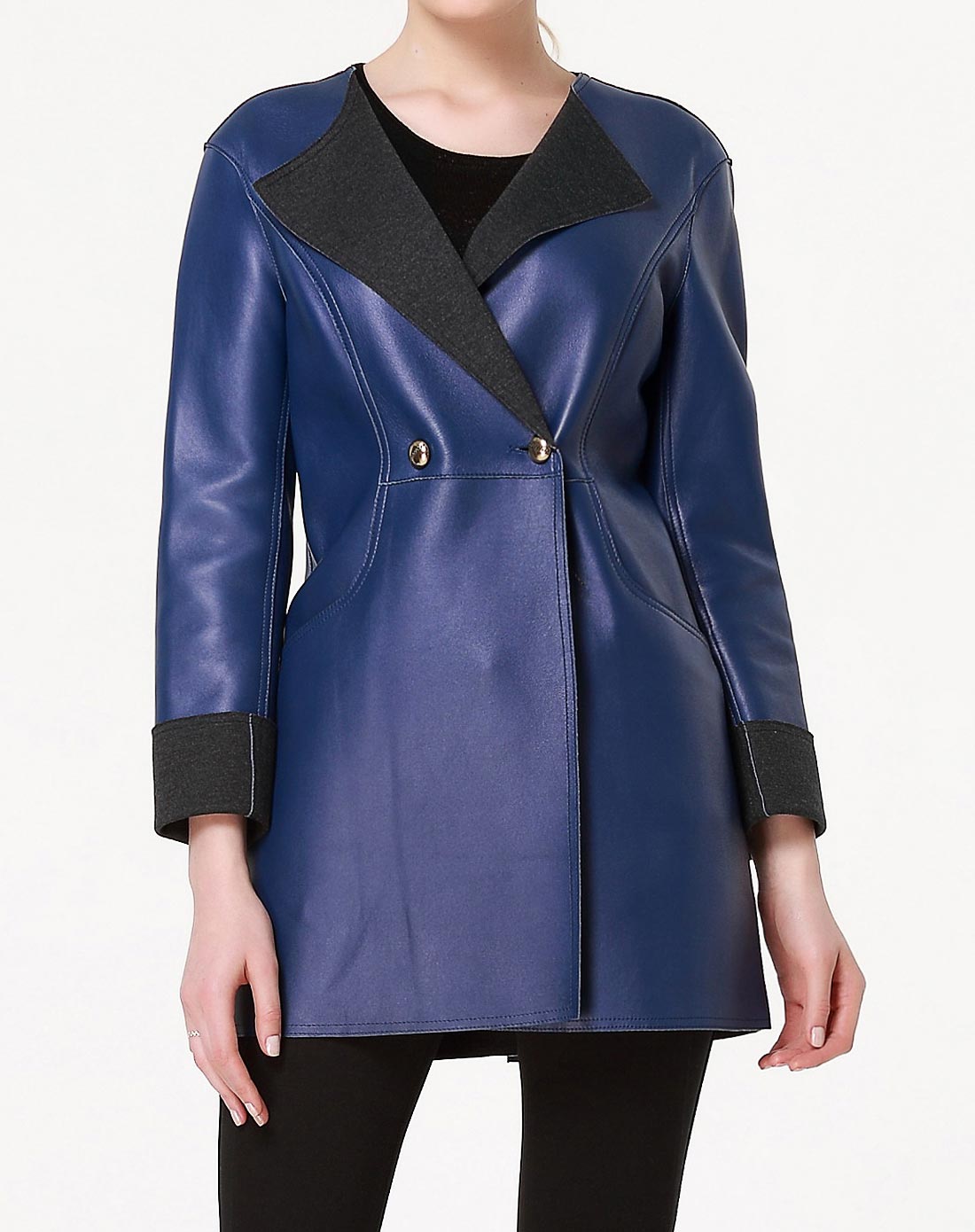 群青色气质淑女真皮长袖风衣