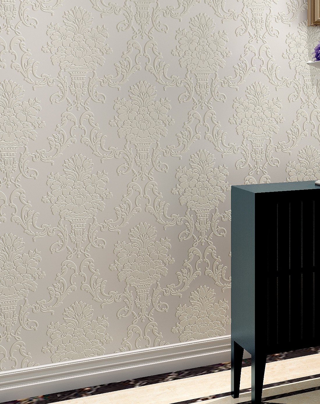 米白色欧式3d立体进天鹅绒壁纸