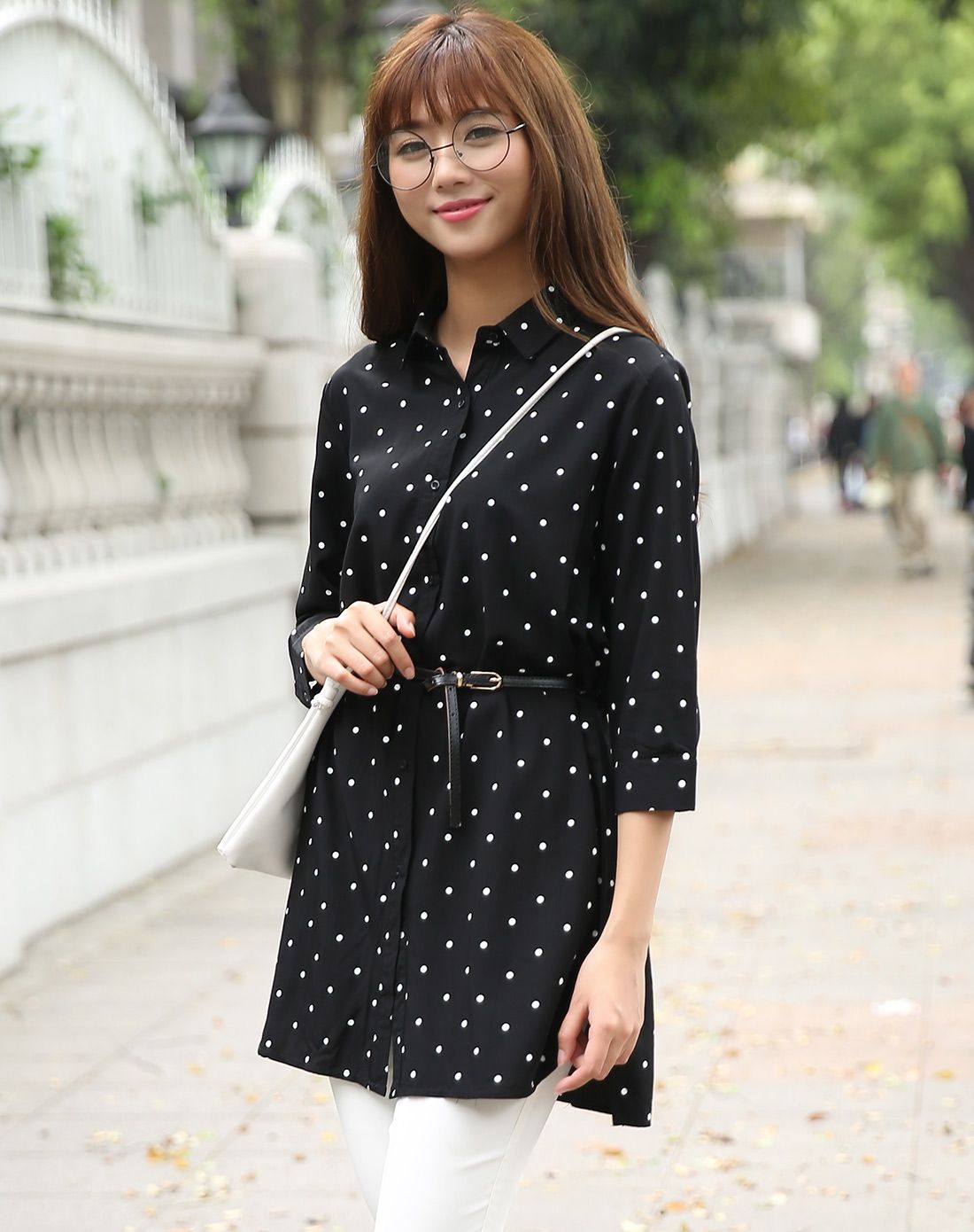 sattachera 女款黑底白点波点宽松款衬衫