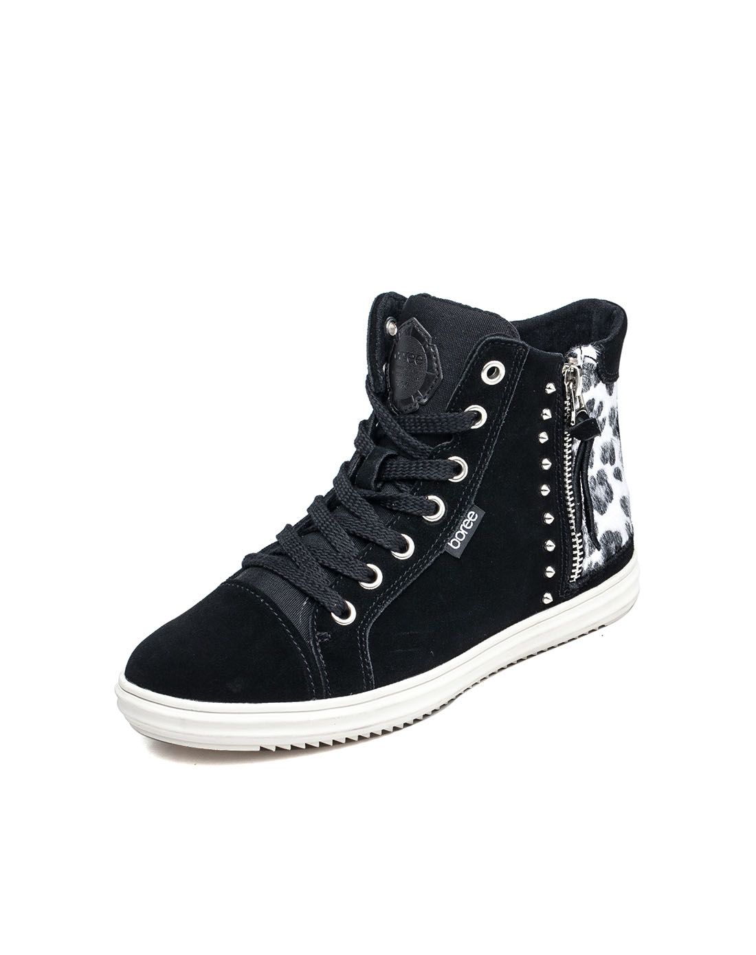 宝人boree专柜同步女款黑色牛皮马毛侧拉链休闲鞋brw80710101_唯品会