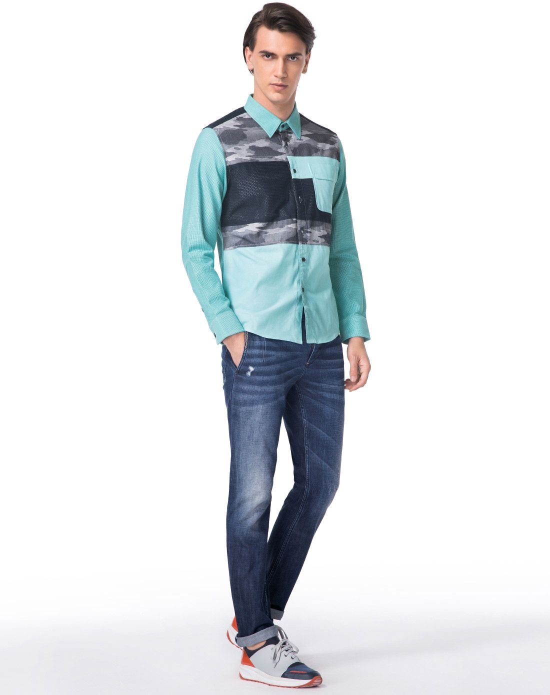 卡宾cabbeen男装专场 迷彩贴布修身长袖衬衫