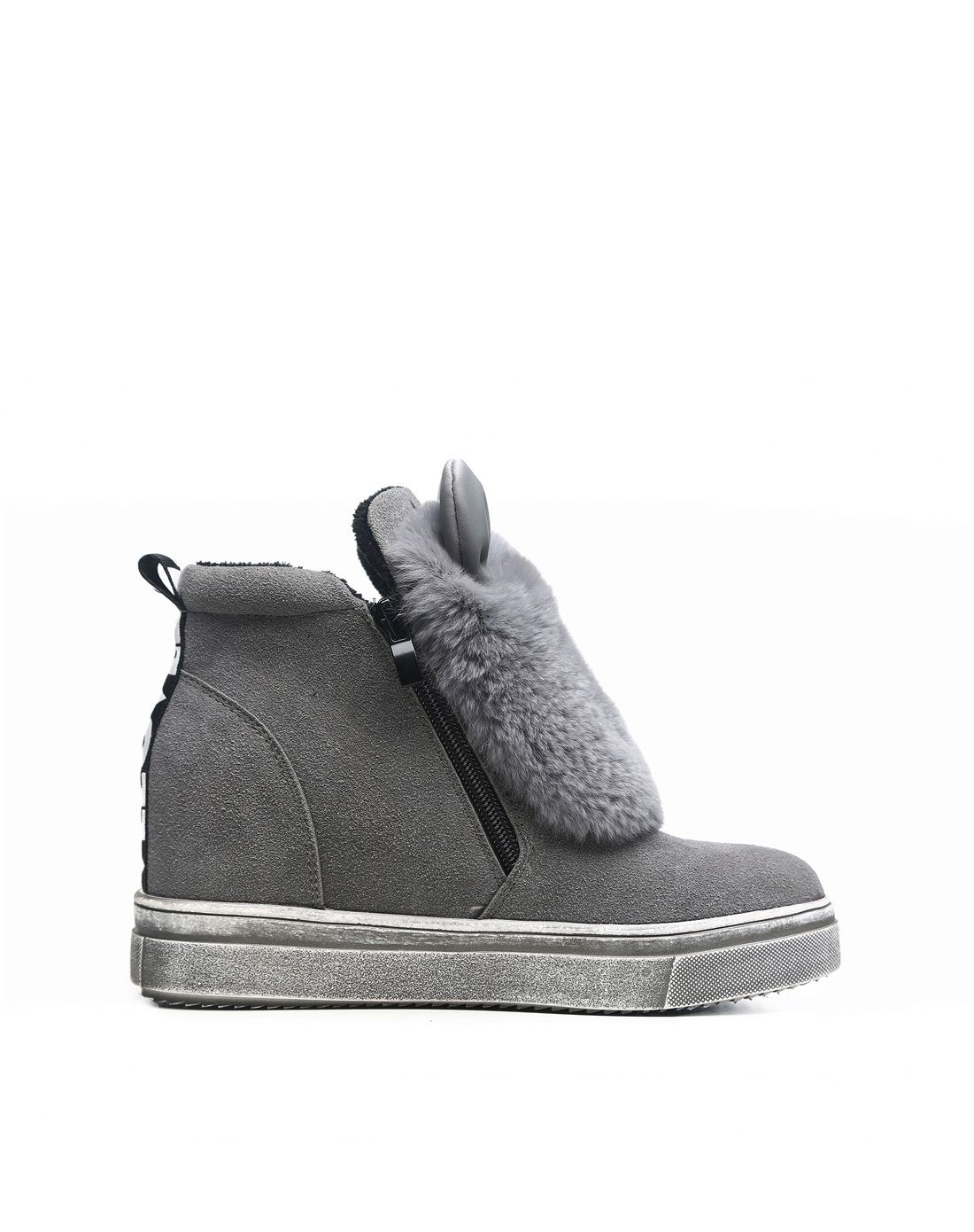 新款内增高趣味兔耳朵装饰灰色獭兔毛高帮鞋