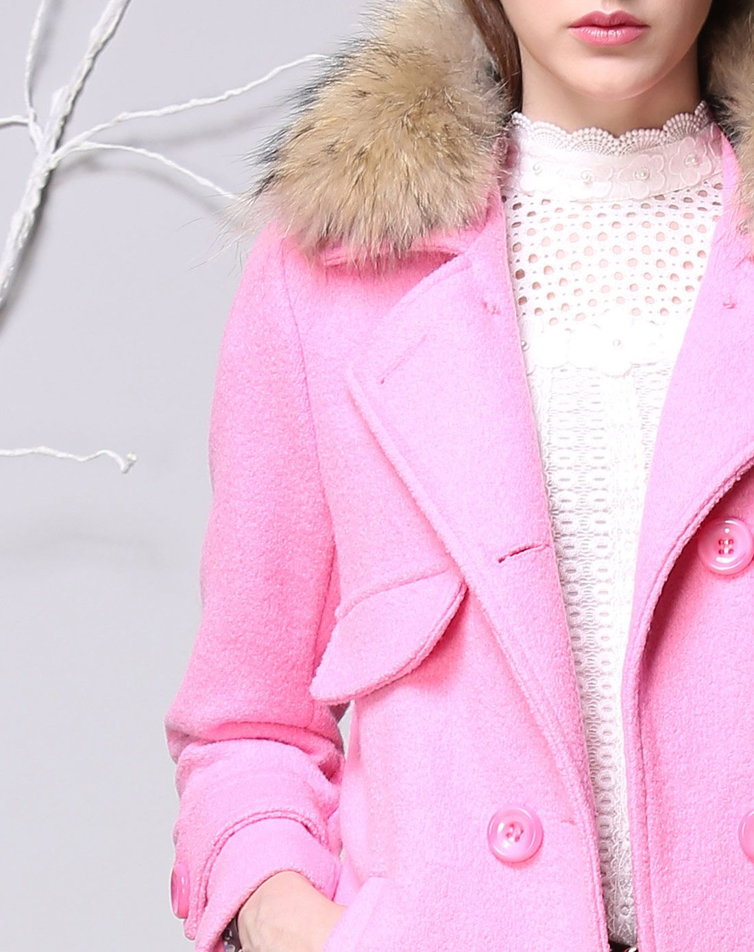梅粉色可拆卸真貉子毛领夹棉加厚毛呢外套