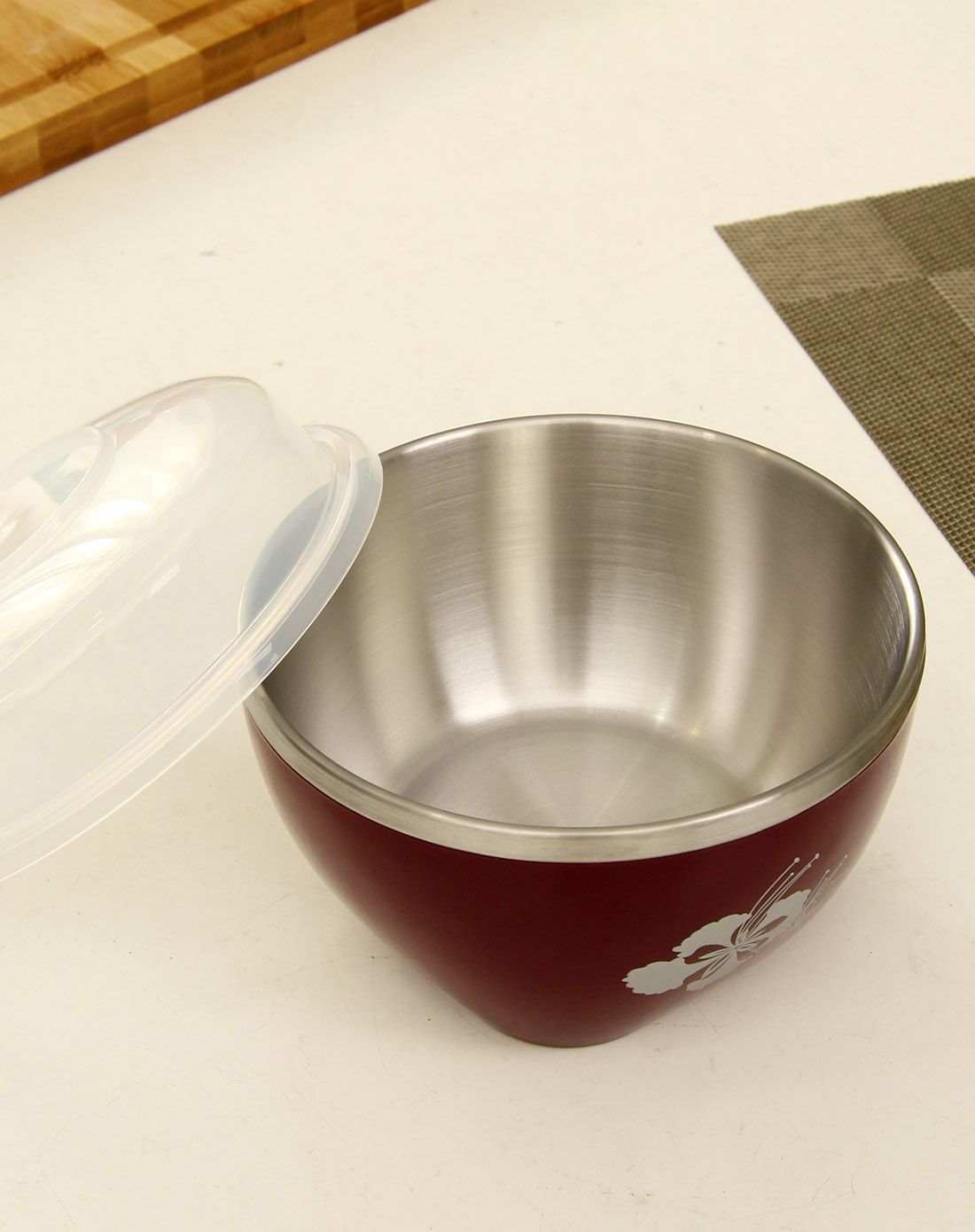 台湾制304不锈钢带盖双层隔热碗(酒红色)