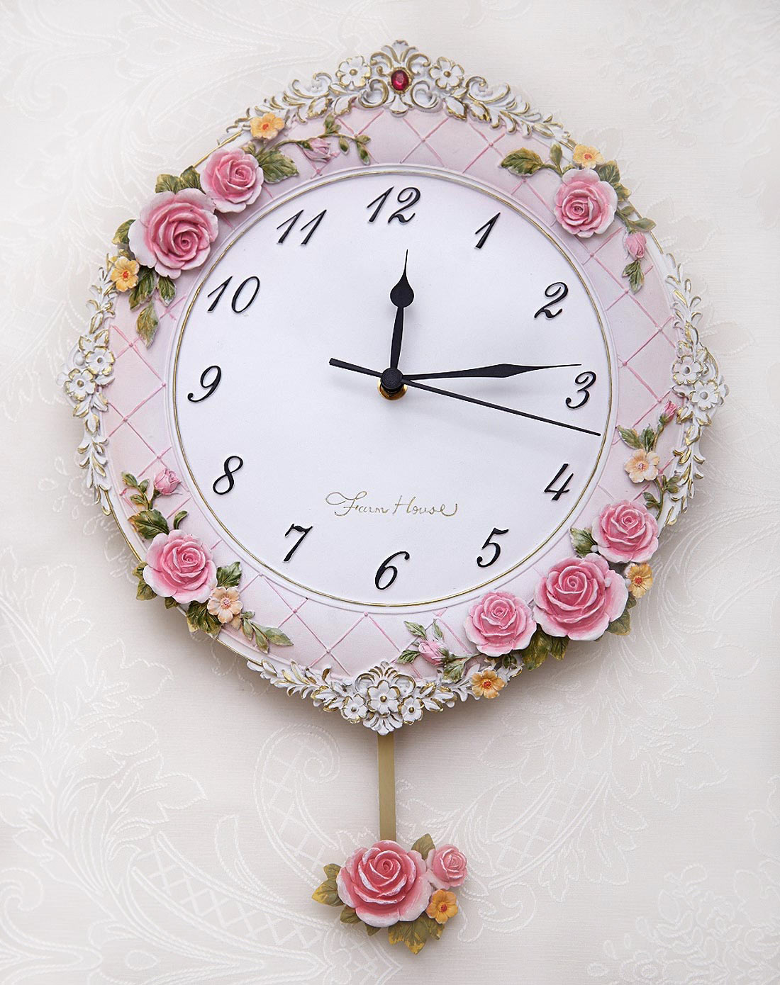 彩绘粉色玫瑰花简洁钟面带摆挂钟
