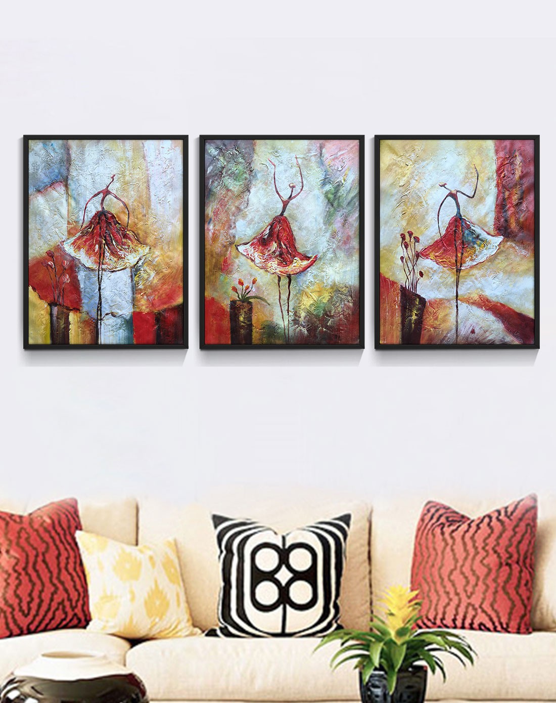 纯手绘高端抽象三联油画 芭蕾舞女