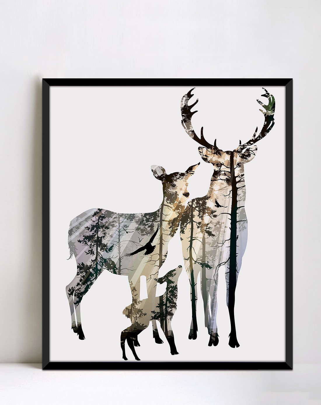北欧风进口原版画芯装饰画 麋鹿一家
