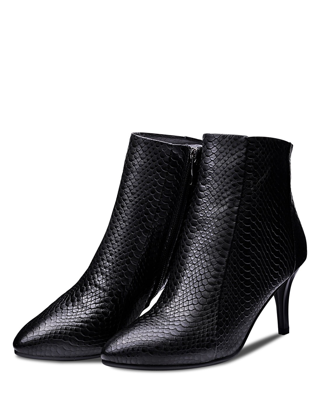 香阁儿女款黑色蛇纹高跟短靴