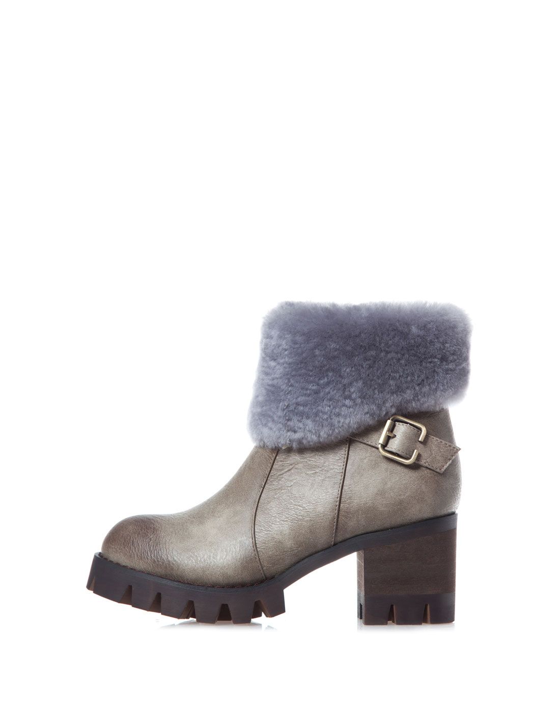 非谜2014款粗高跟圆头灰色短靴