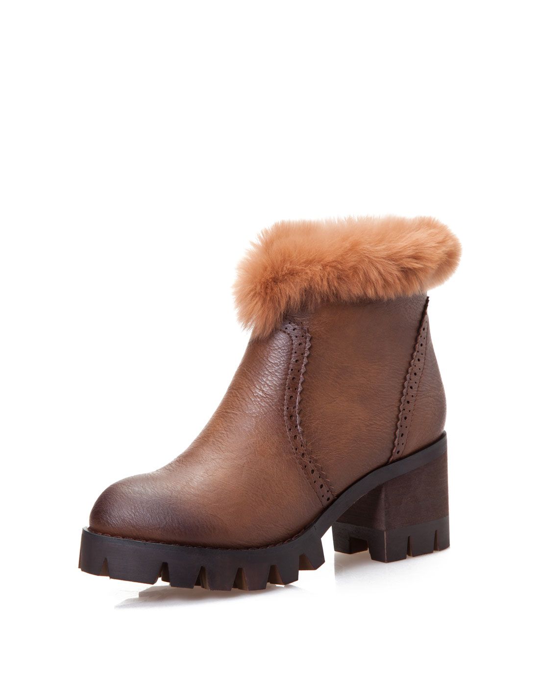 非谜2014款粗中跟圆头兔毛棕色短靴