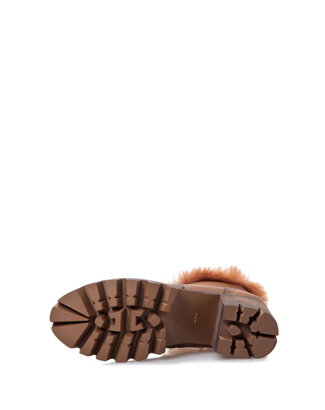 非谜2014款粗中跟圆头兔毛棕色短靴