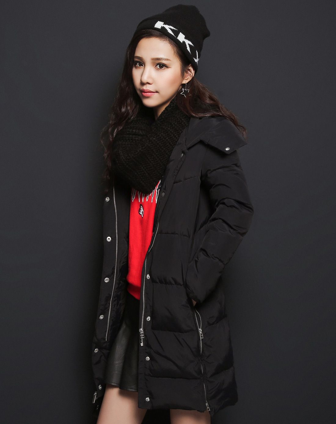 七格格旗下品牌黑色 双层内胆中长款羽绒服5cv4046t01_唯品会