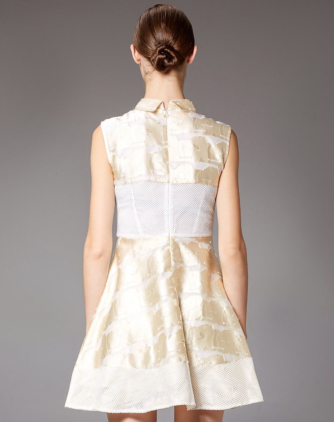 (特惠)白金色无袖通勤ol风拼接修身提花连衣裙