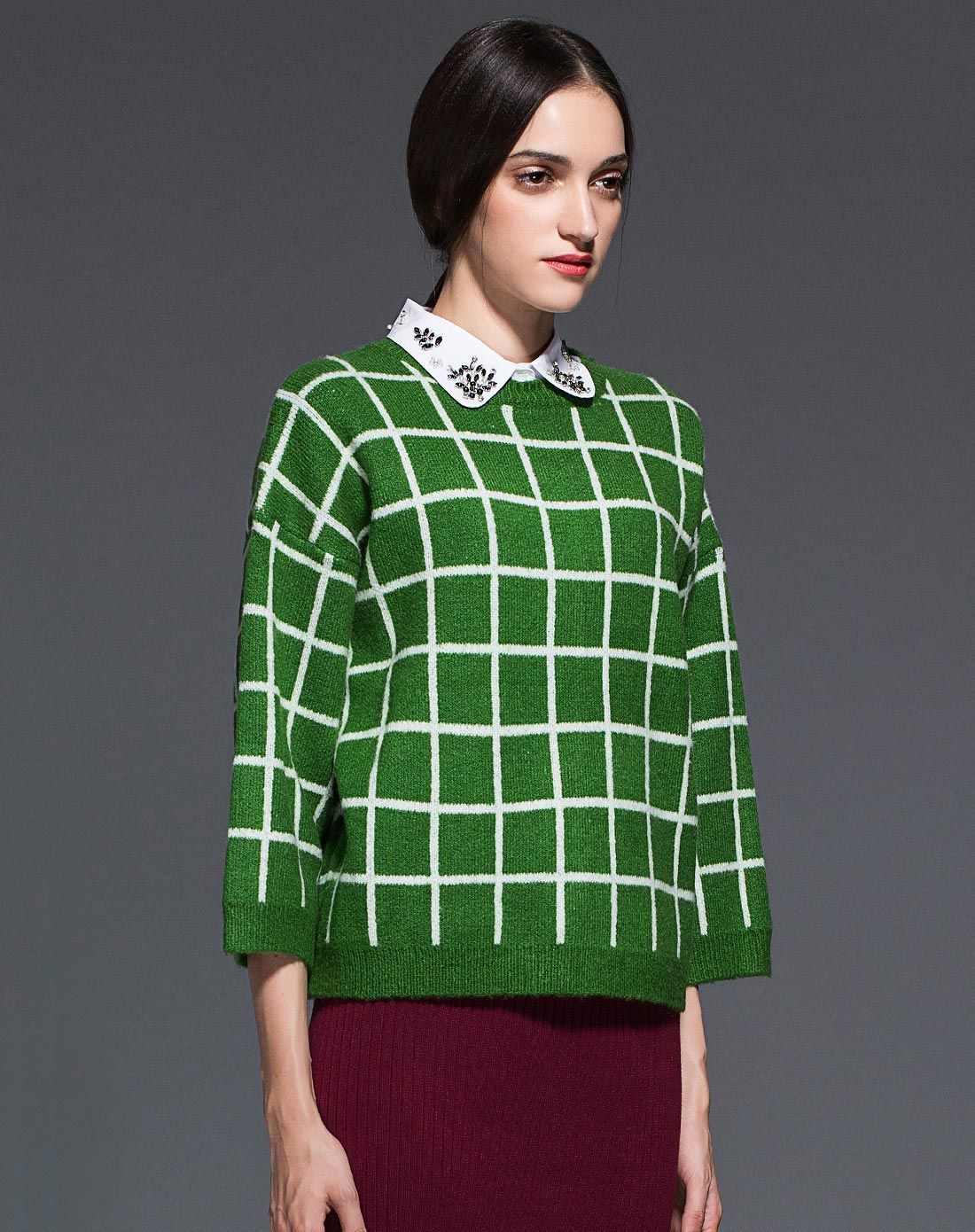 绿色格子修身显瘦长袖针织衫上衣