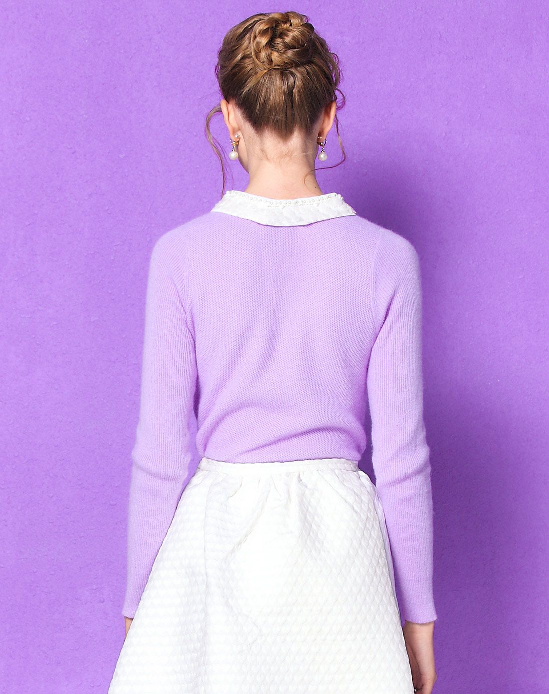 浅紫色假两件polo领套头毛衣针织衫
