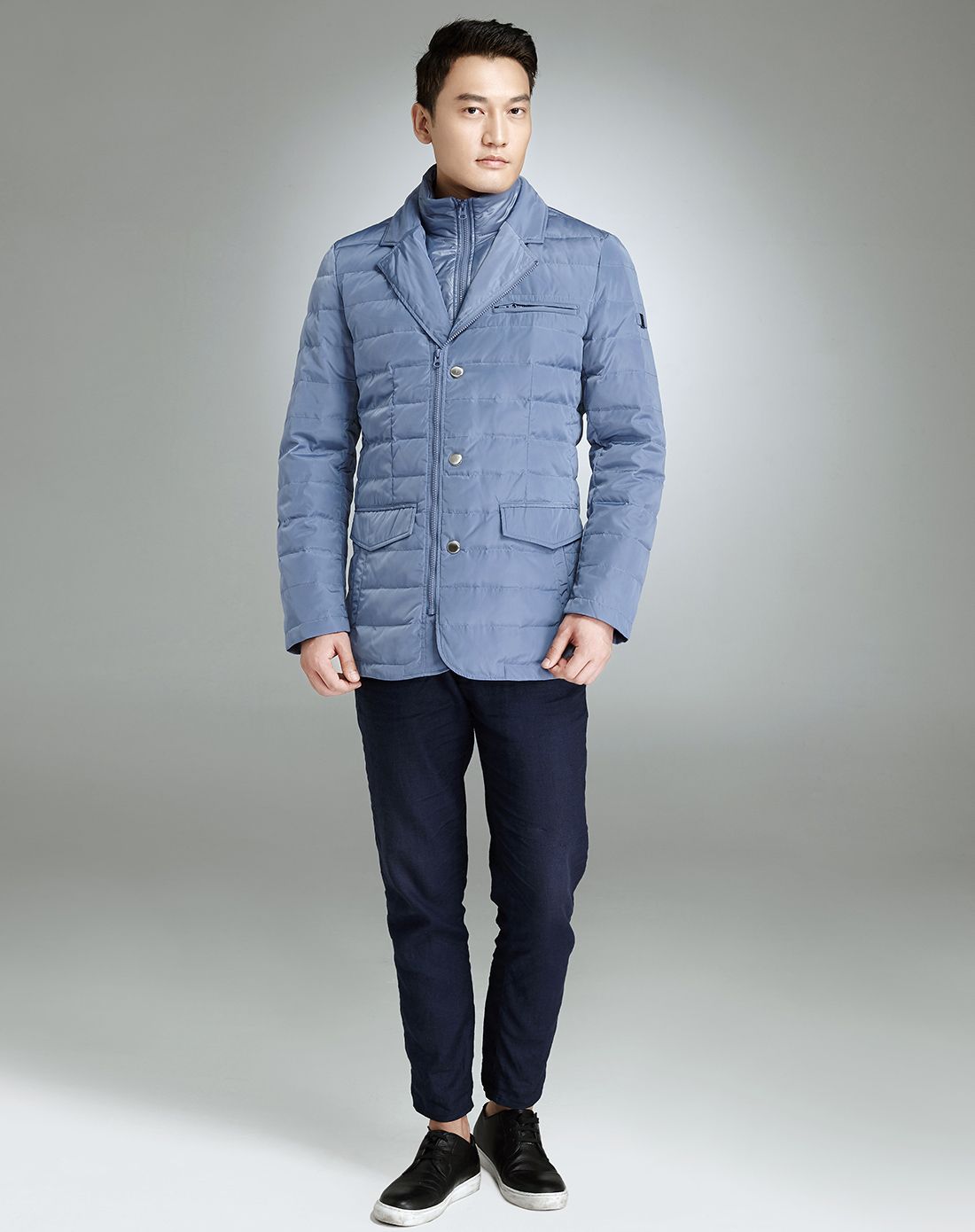 男款紫灰色双层领商务休闲羽绒服