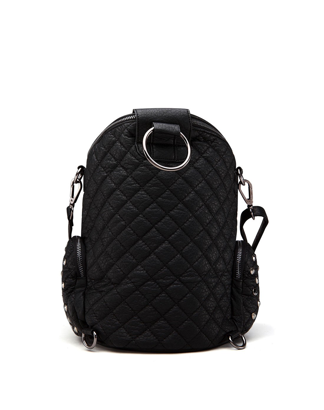 黑色镶钻荔枝纹复古圆筒双肩女包