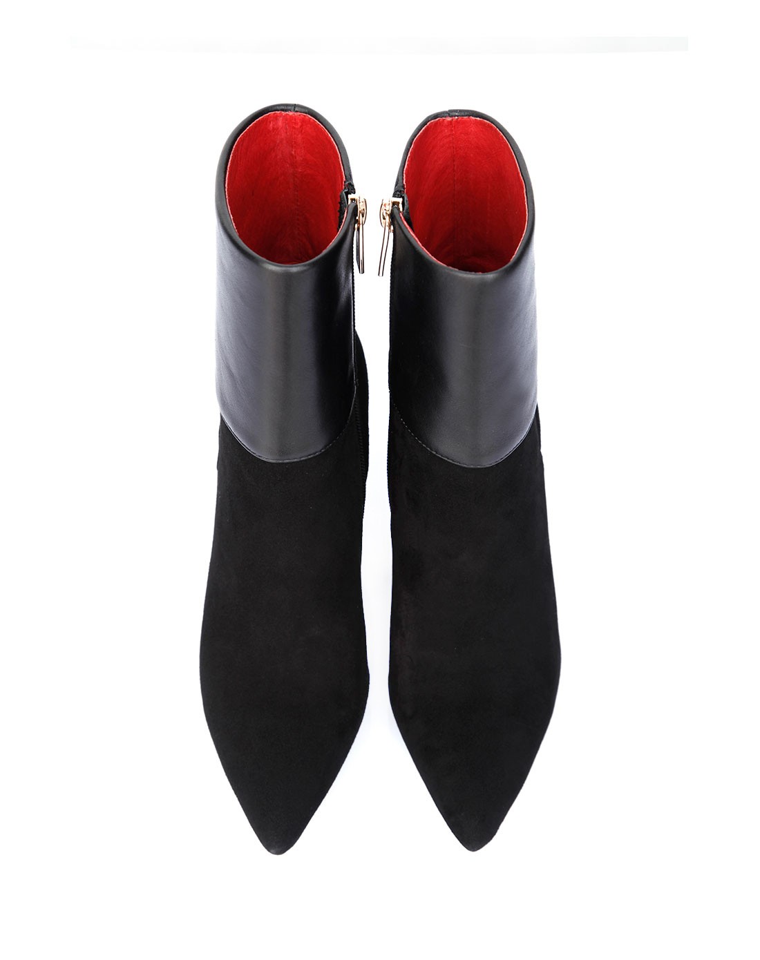 黑色羊猄拼接牛皮中跟靴