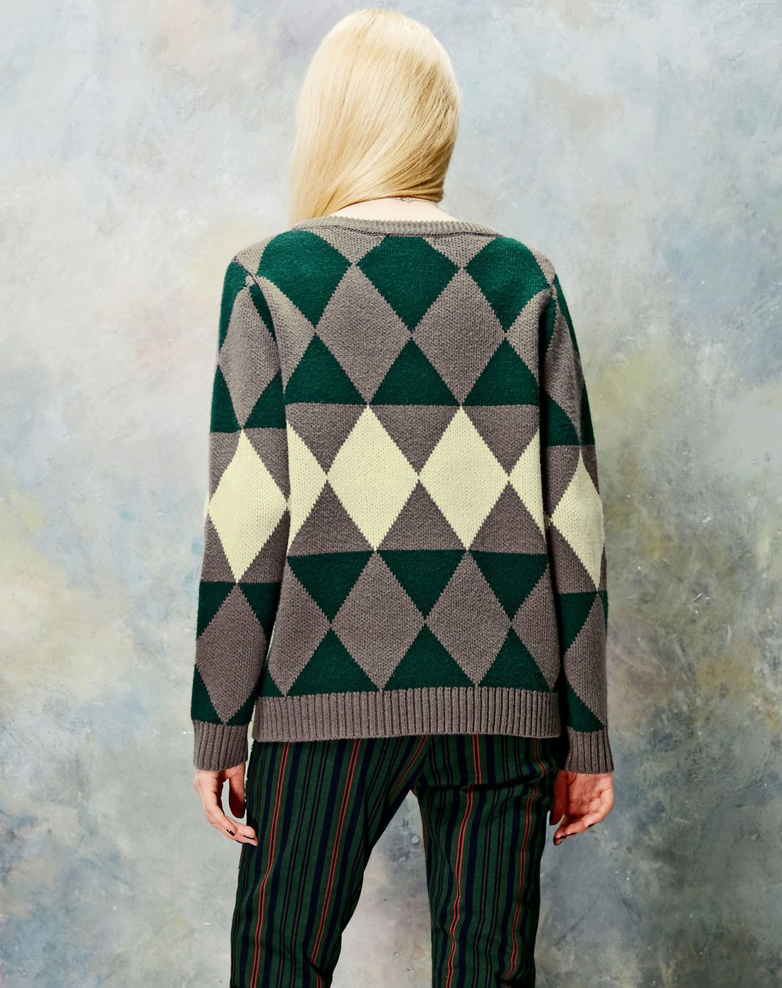 神仙鸡汤 撞色菱形花纹学院毛衣