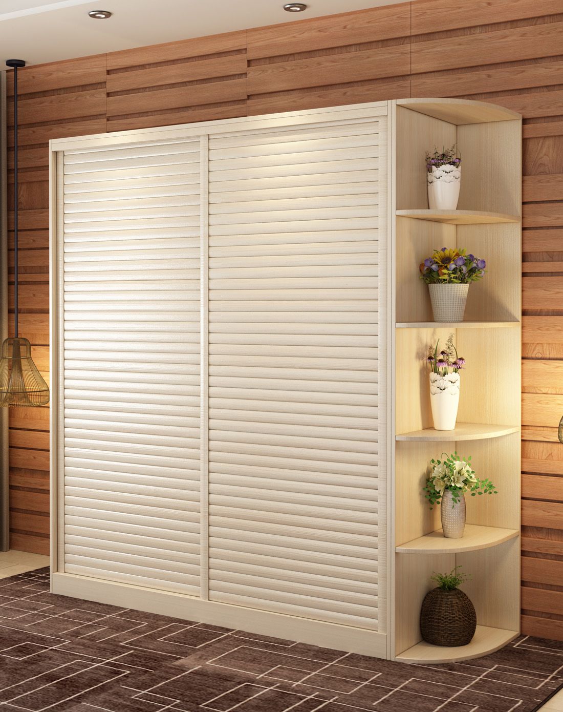 全尼斯百叶推拉两门衣柜 外置储物架总长2.1米 白樱桃色