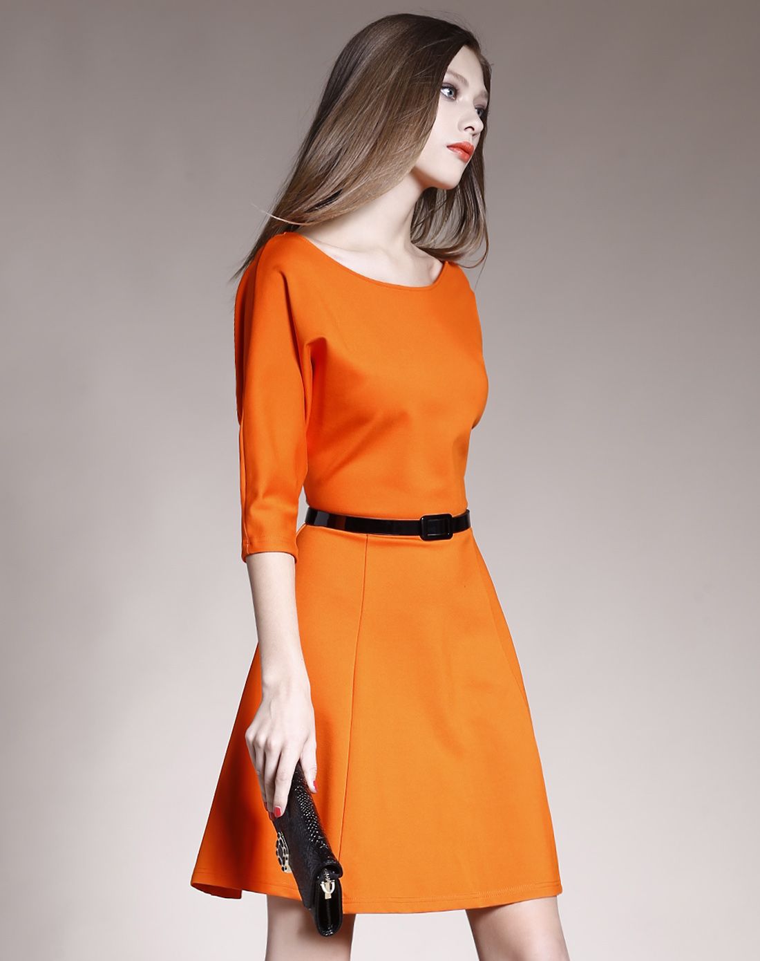 女款橘色优雅淑女连衣裙