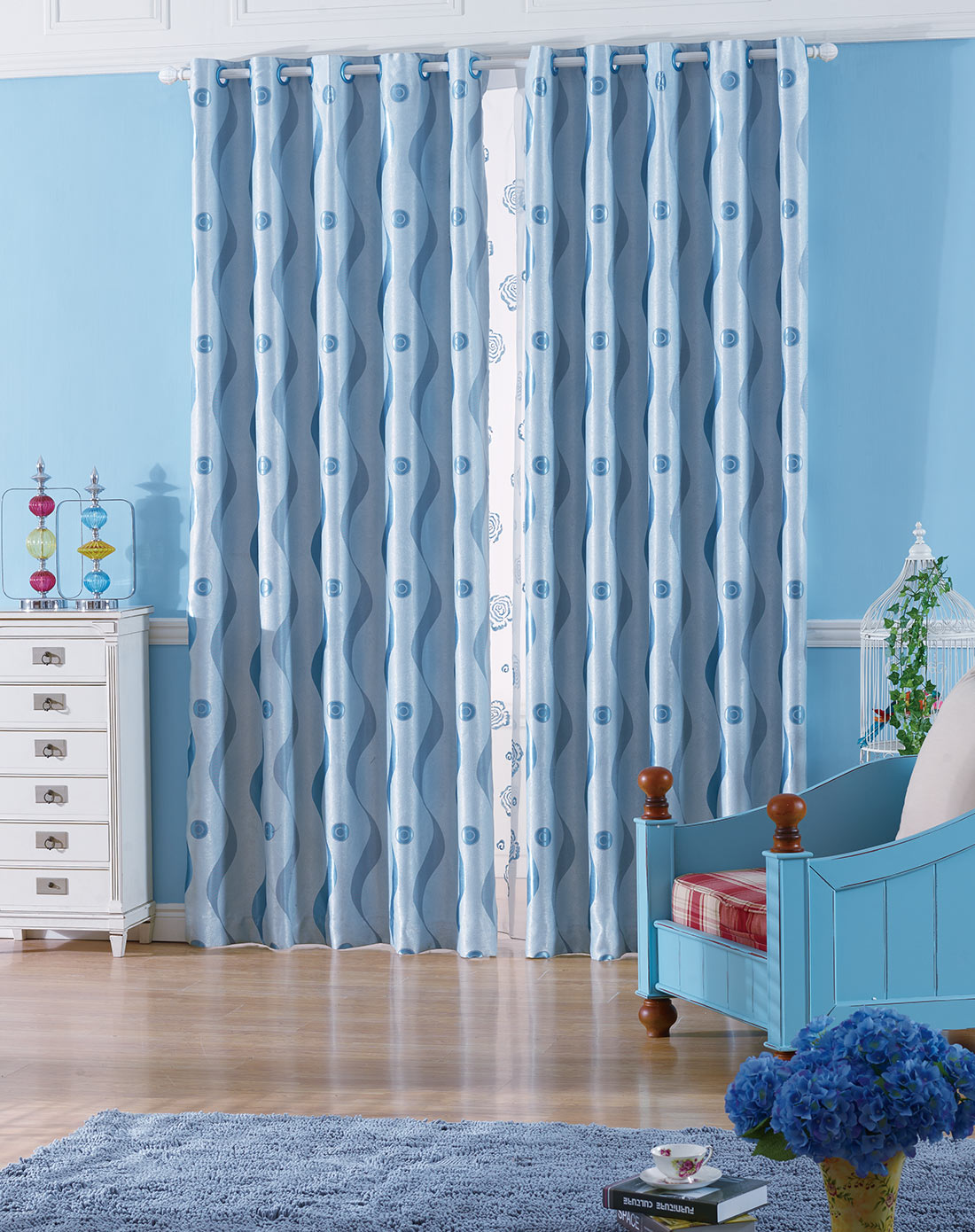 蓝色水波纹窗帘打孔型250x270cm两片