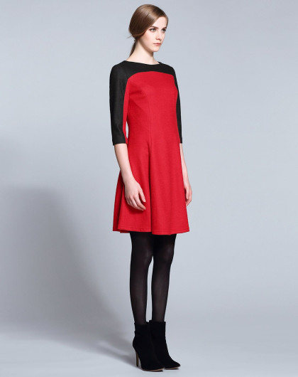黑/红色时尚拼色修身气质六分袖连衣裙
