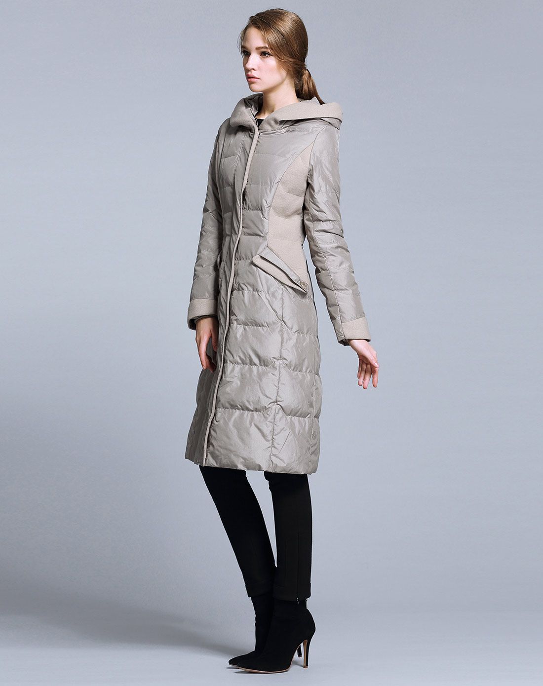 卡雷尔cerel vogue女装专场 青灰色时尚个性连帽长款羽绒服