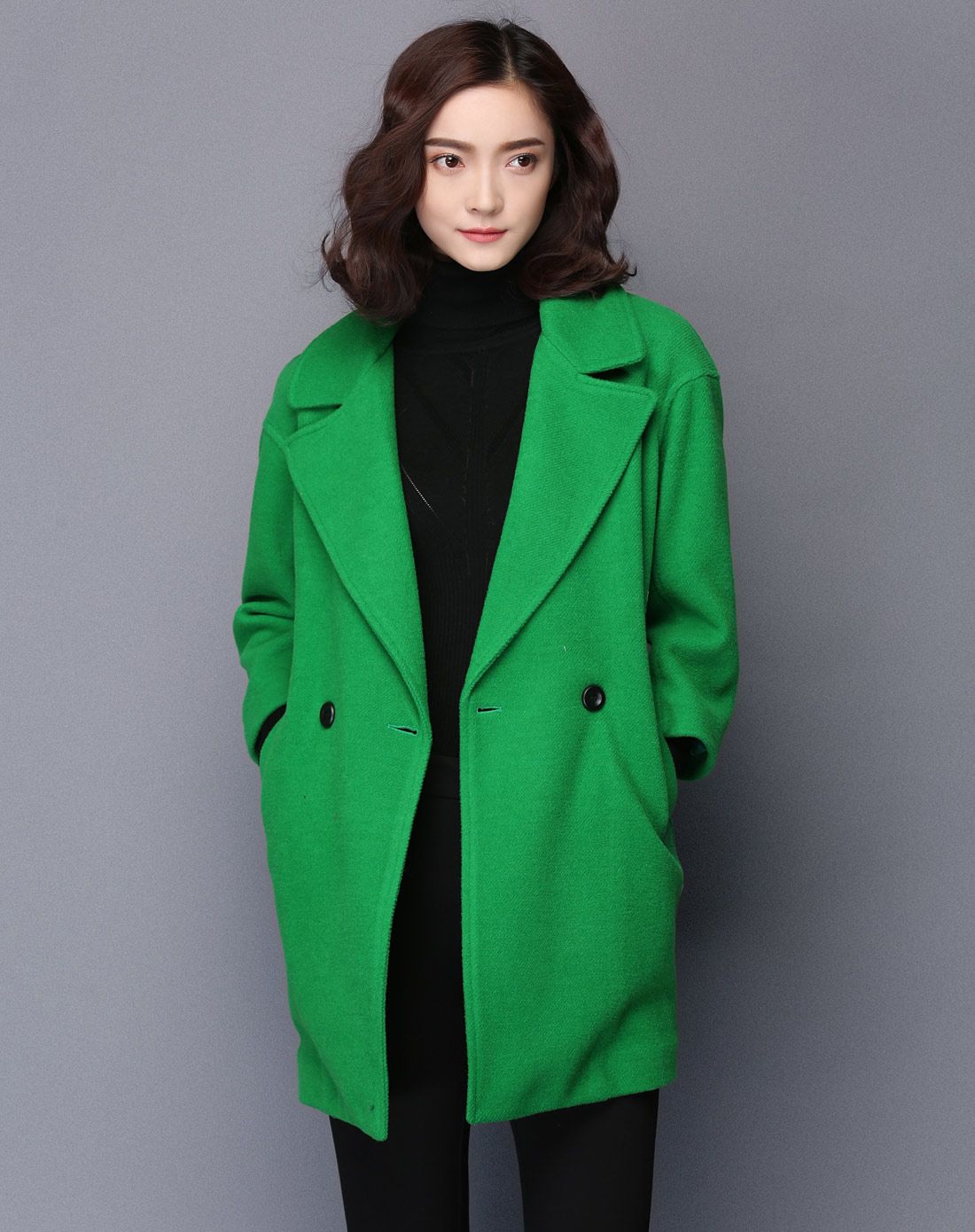 绿色时尚韩版0型呢子外套