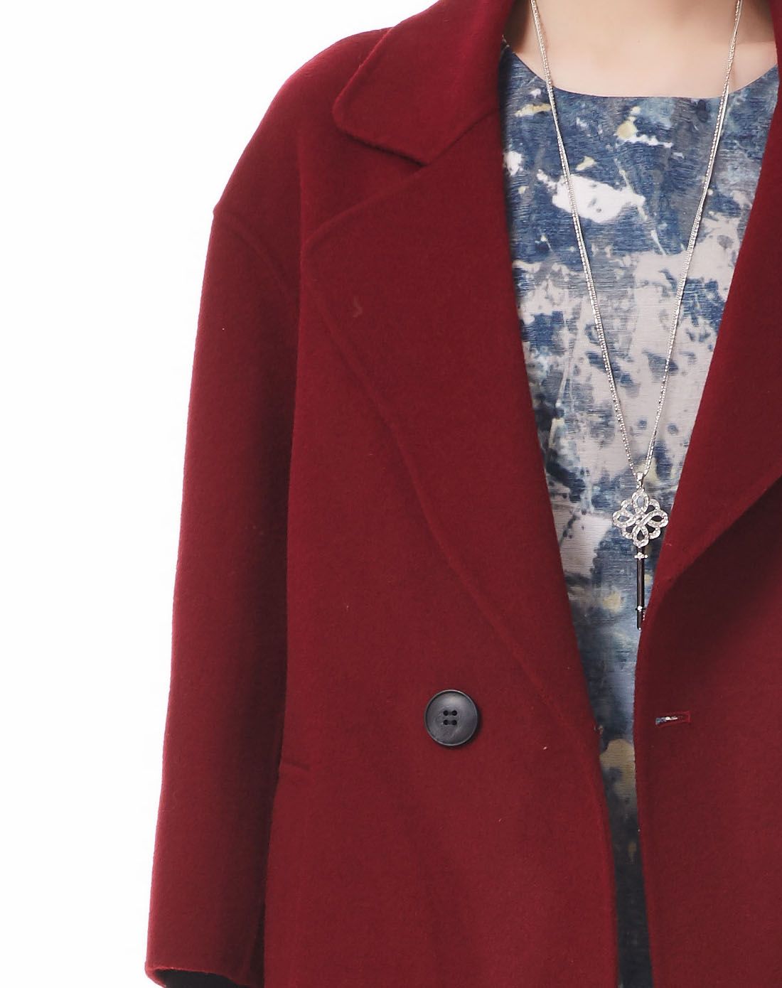 酒红色时尚七分袖大衣