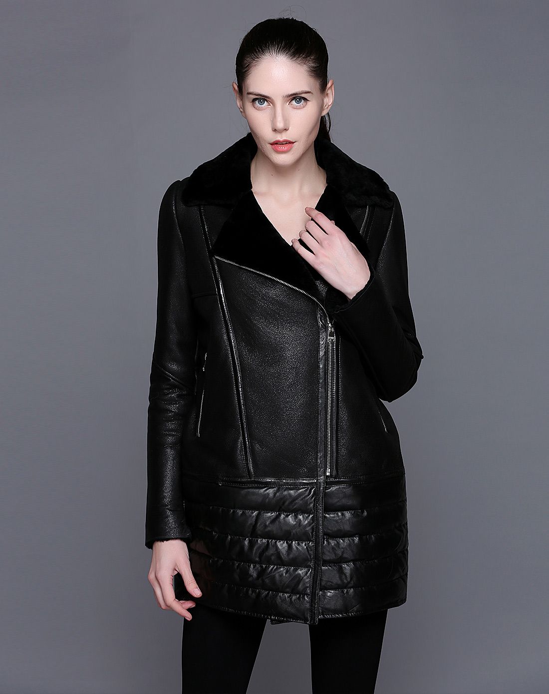 女款黑色个性拼接中长款皮衣