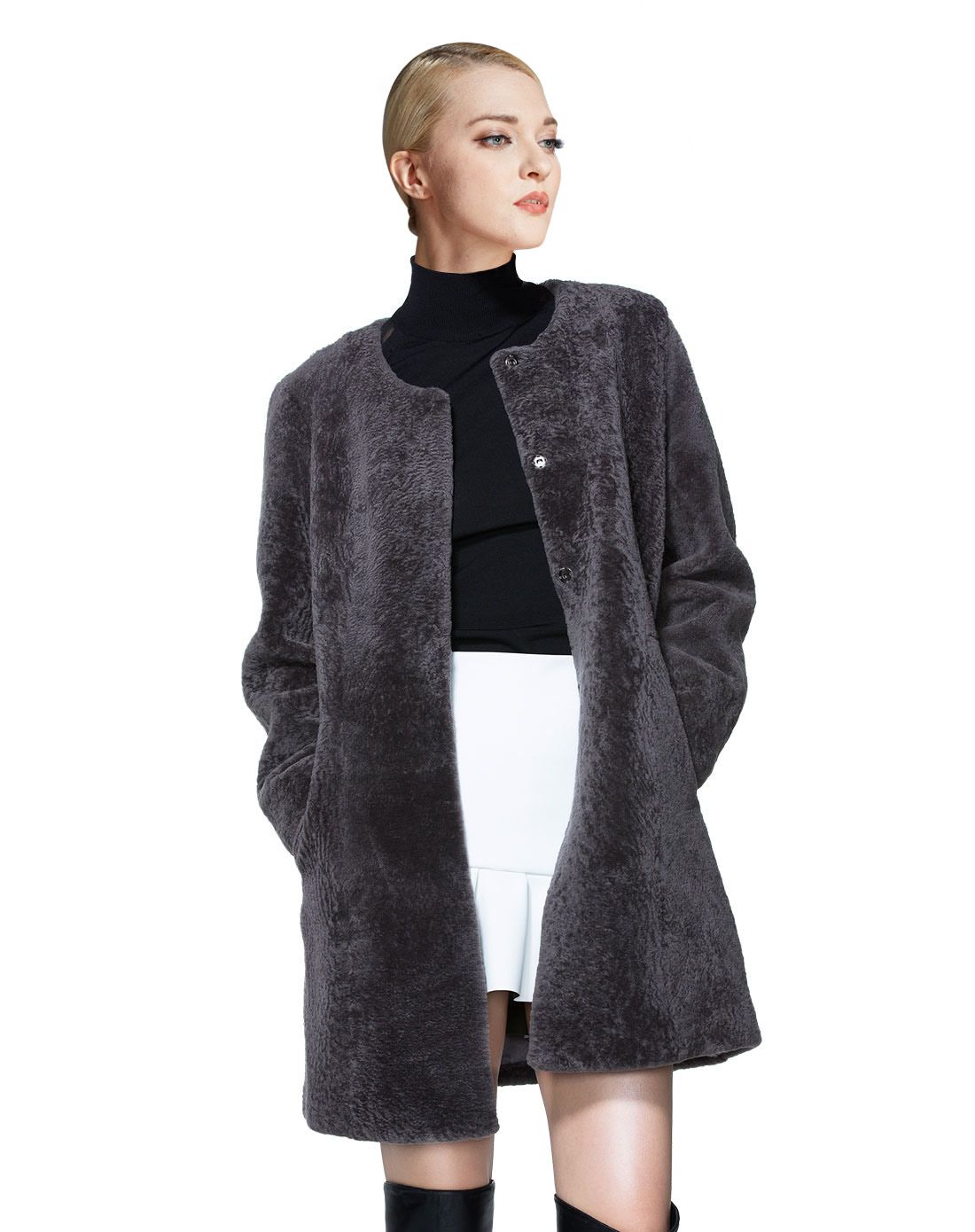 女 灰色 美利奴皮毛一体皮草无领女大衣外套