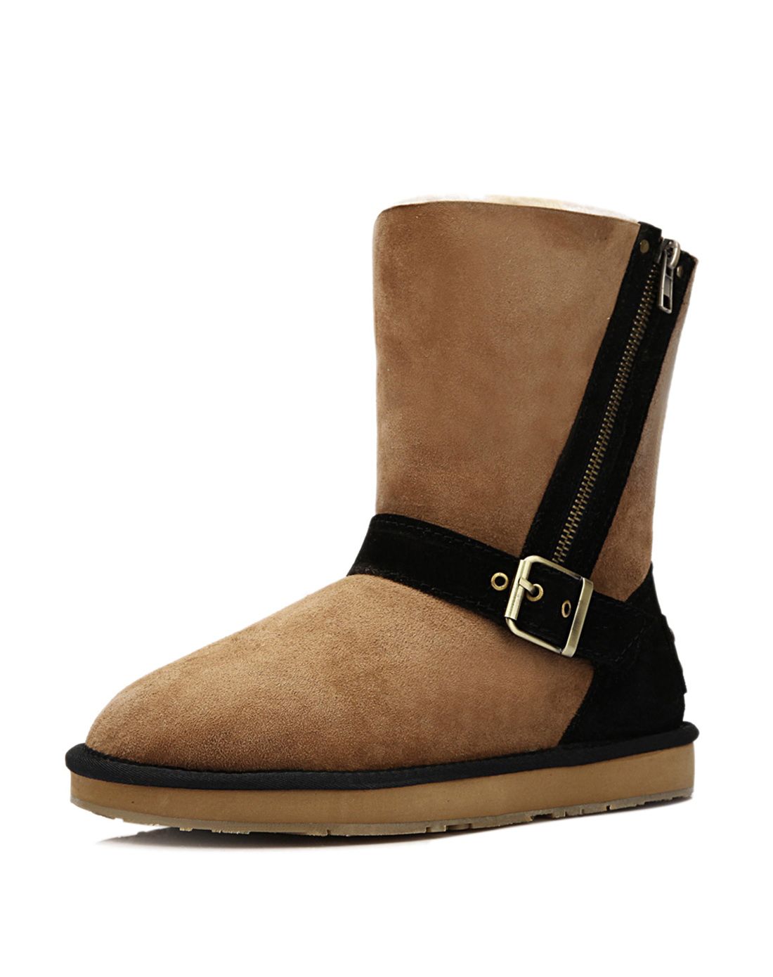 女 栗色 侧拉链澳洲羊皮毛一体雪地靴