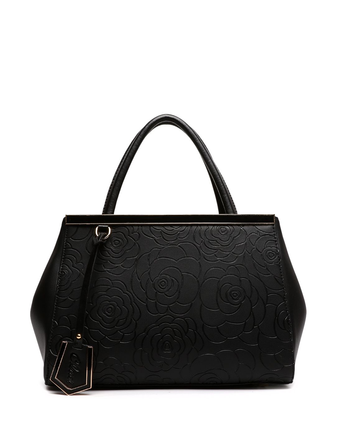 女士黑色牛皮复古山茶花时尚手提包