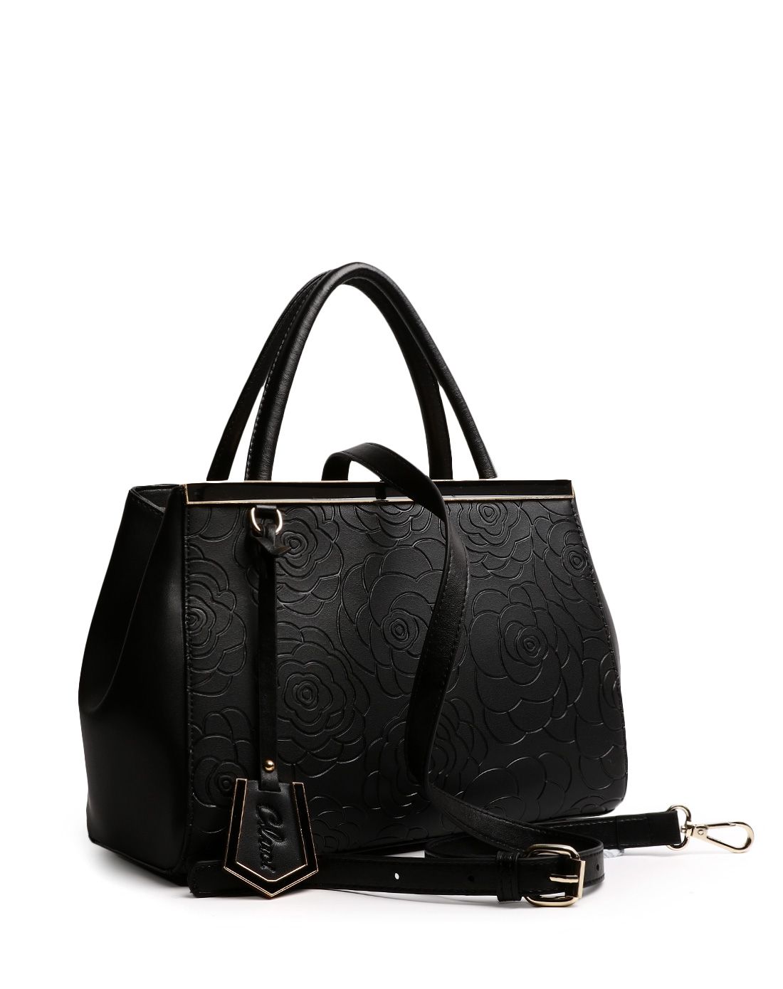 女士黑色牛皮复古山茶花时尚手提包