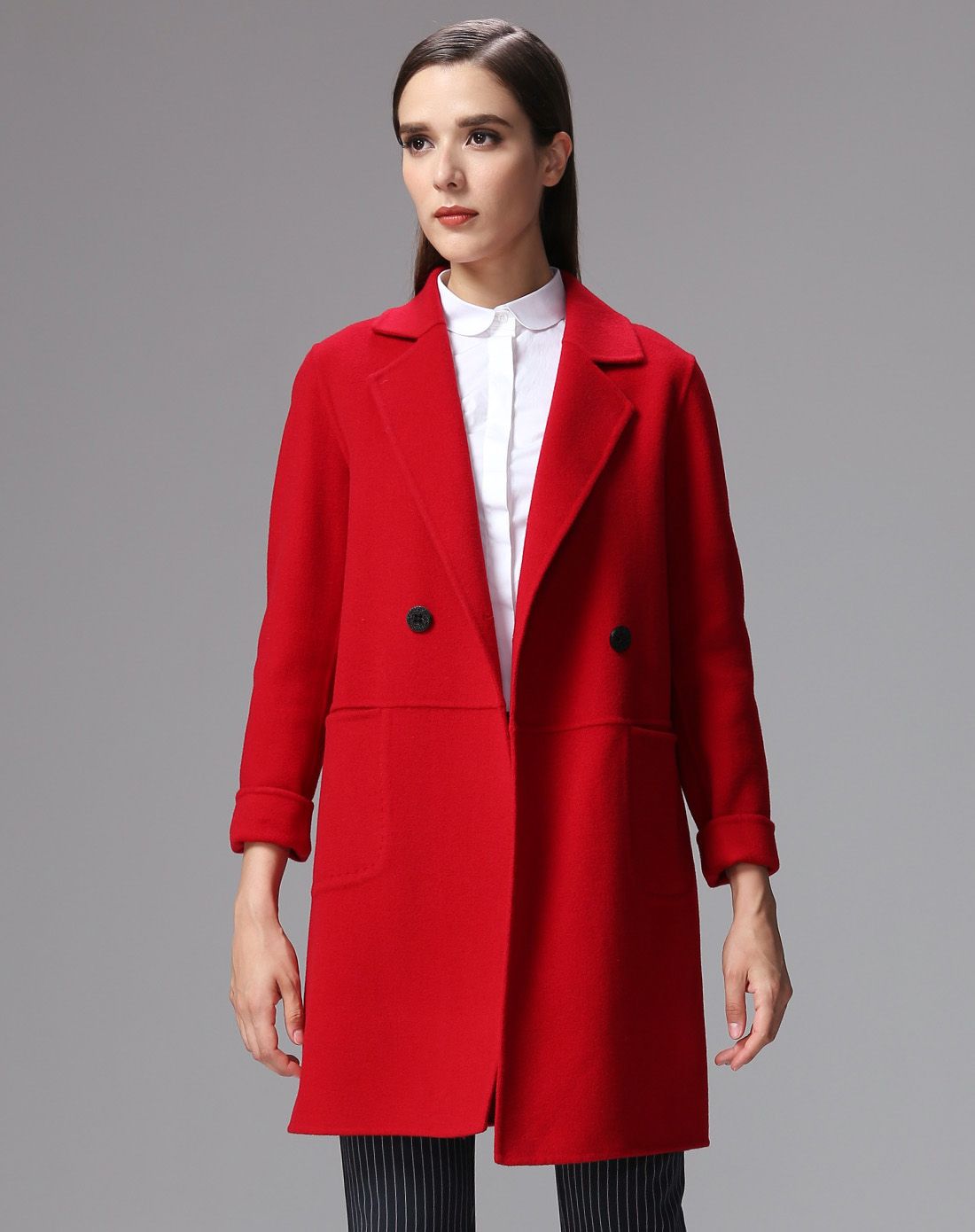 橘红双排扣双面呢中长大衣