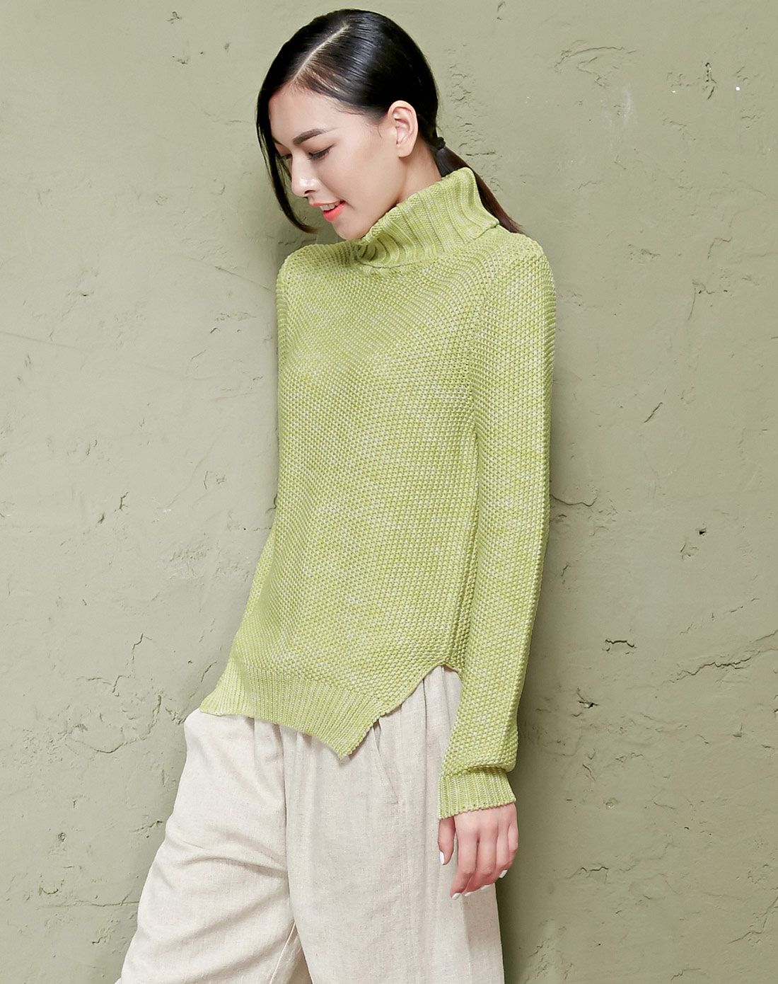 森宿sams tree女装专场 黑格尔 复古文艺修身螺纹开衩高领毛衣