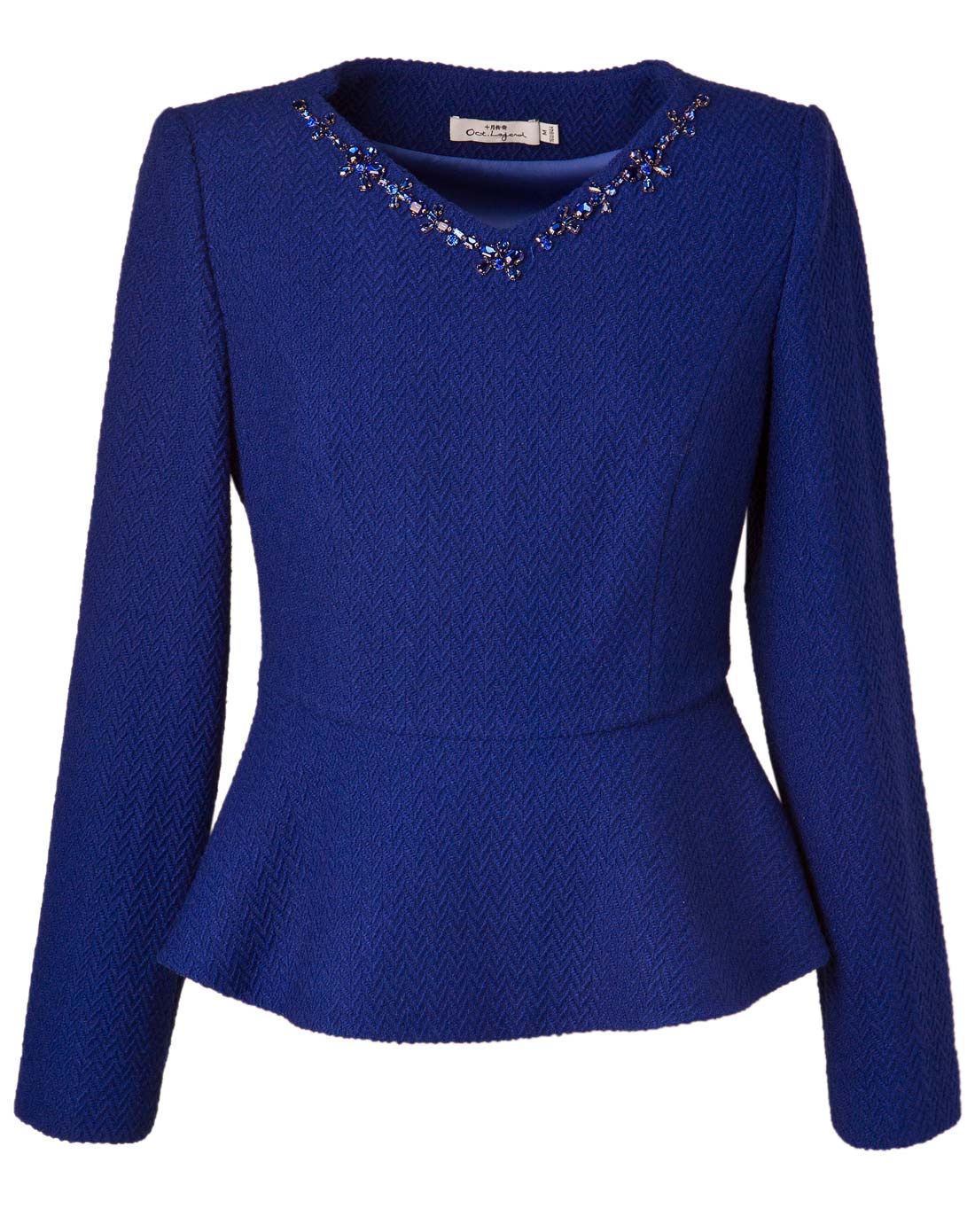 艳蓝色v领钉珠收腰小a摆外套