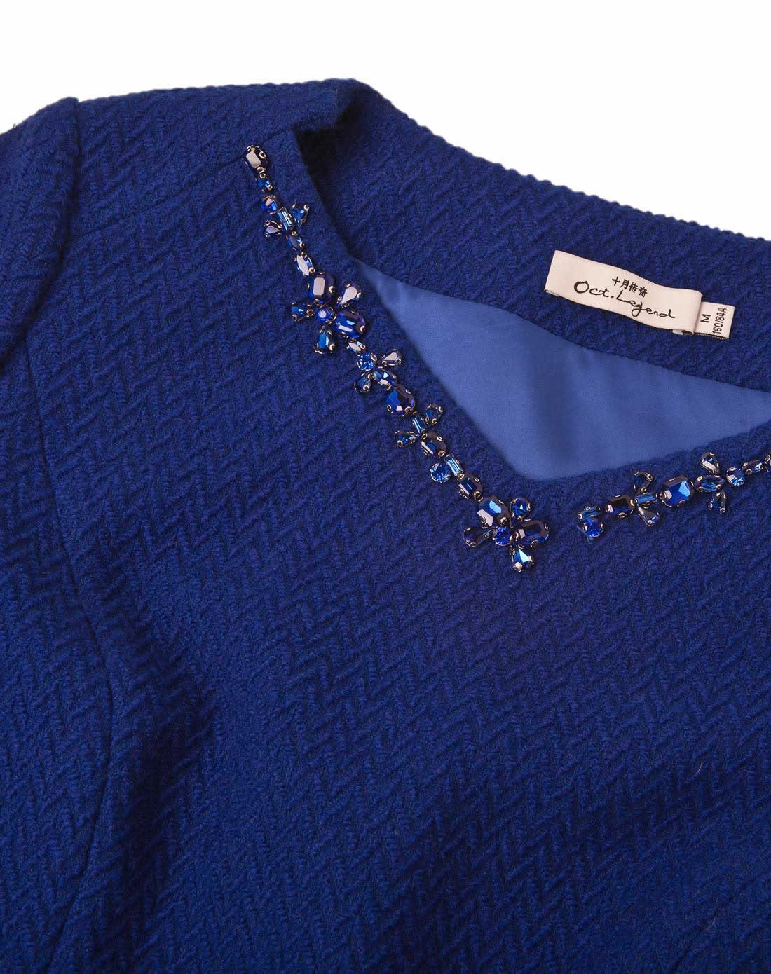 艳蓝色v领钉珠收腰小a摆外套