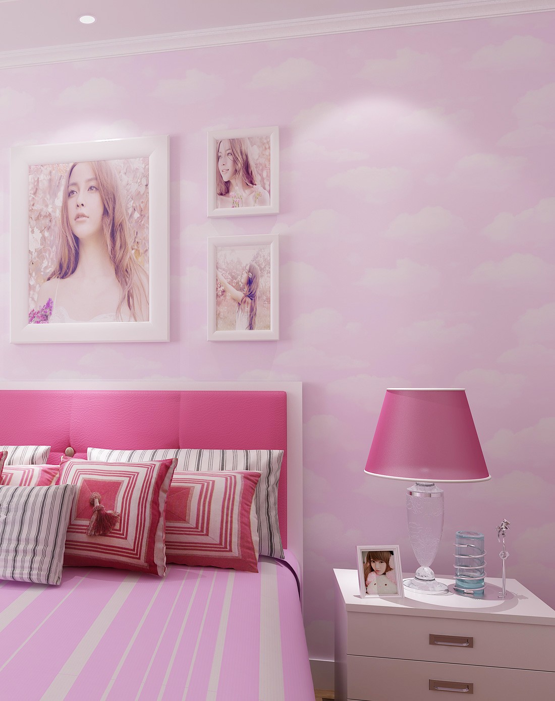 浅粉色儿童房蓝色天空环保无纺布壁纸